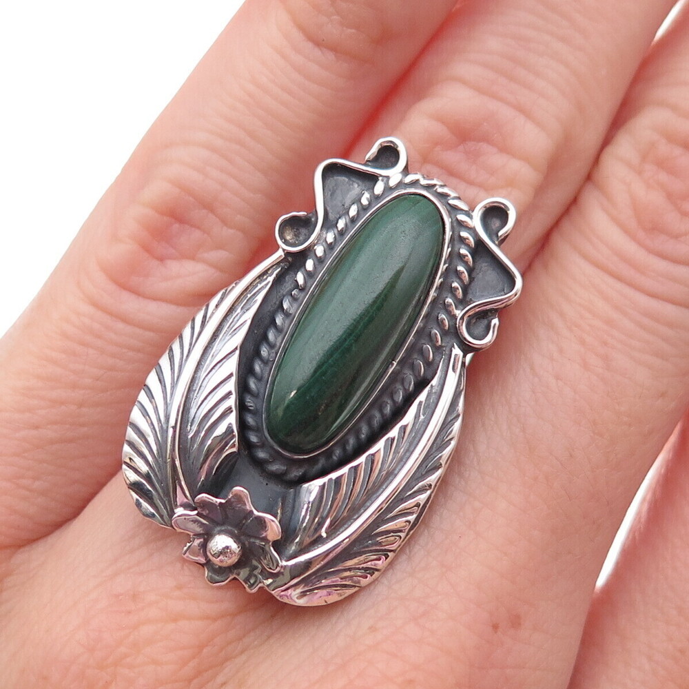 Old Pawn 925 Sterling Silver Vintage Southwestern Malachite Floral Ring Size 6